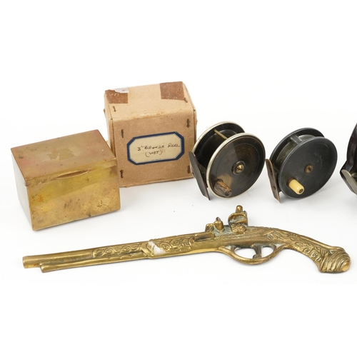 1678 - Sundry items including Lucas bicycle lantern, two fishing reels, one by Pape of Newcastle and a comp... 