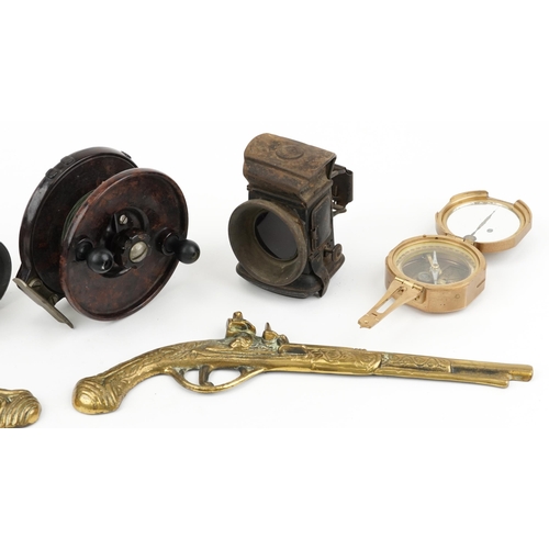 1678 - Sundry items including Lucas bicycle lantern, two fishing reels, one by Pape of Newcastle and a comp... 