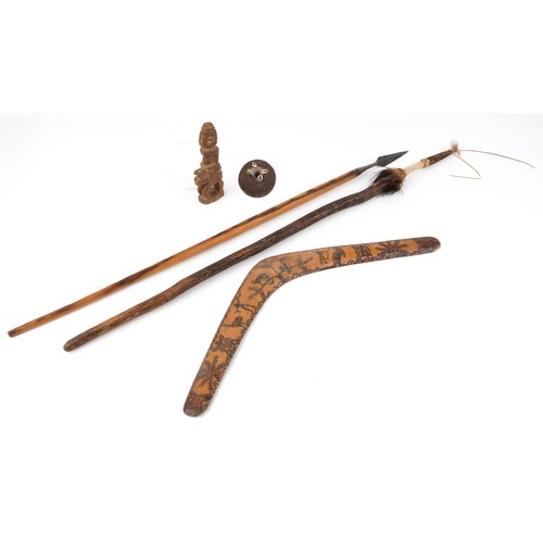 1521 - Tribal interest woodenware including a fertility figure and Aboriginal boomerang, the largest 105cm ... 