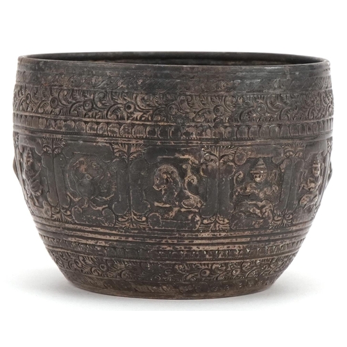 357 - Alexander Macrae, Victorian Burmese style silver sugar bowl embossed with deities and animals, Londo... 