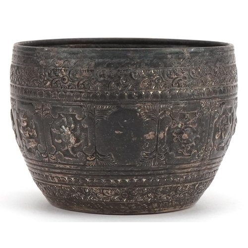 357 - Alexander Macrae, Victorian Burmese style silver sugar bowl embossed with deities and animals, Londo... 