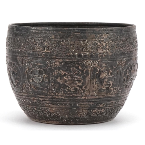 357 - Alexander Macrae, Victorian Burmese style silver sugar bowl embossed with deities and animals, Londo... 