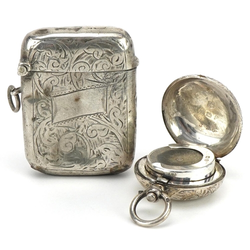 324 - George V engraved silver vesta and sovereign case, the largest 5.5cm high, total 49.8g