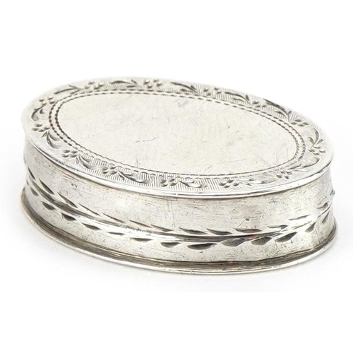 283 - George III oval silver pillbox with engraved border, IT maker's mark Birmingham 1796, 2.4cm wide, 3.... 