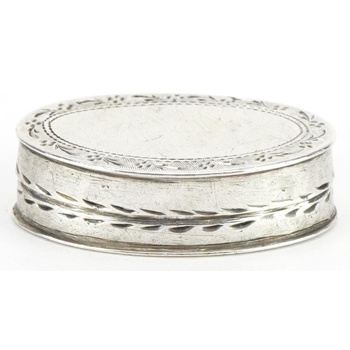 283 - George III oval silver pillbox with engraved border, IT maker's mark Birmingham 1796, 2.4cm wide, 3.... 