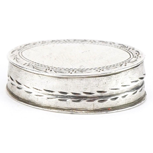 283 - George III oval silver pillbox with engraved border, IT maker's mark Birmingham 1796, 2.4cm wide, 3.... 