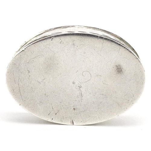 283 - George III oval silver pillbox with engraved border, IT maker's mark Birmingham 1796, 2.4cm wide, 3.... 