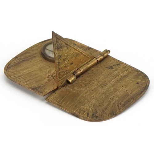 178 - Victorian chased gilt metal folding pocket sundial with inset compass by J Baum & Co of Birmingham d... 