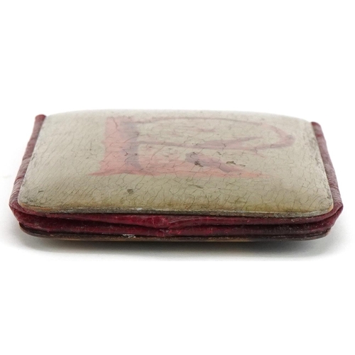 175 - Victorian papier mache and Moroccan leather slip case hand painted with a Jack Russell, 11.5cm x 7cm