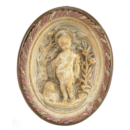 482 - 19th century religious interest plaster plaque decorated in relief with Putti with sheep, indistinct... 