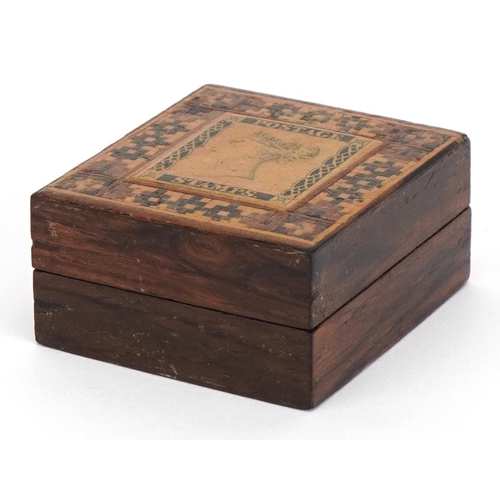 176 - Victorian Tunbridge Ware inlaid rosewood stamp box, 2cm H x 3.5cm W x 4cm D