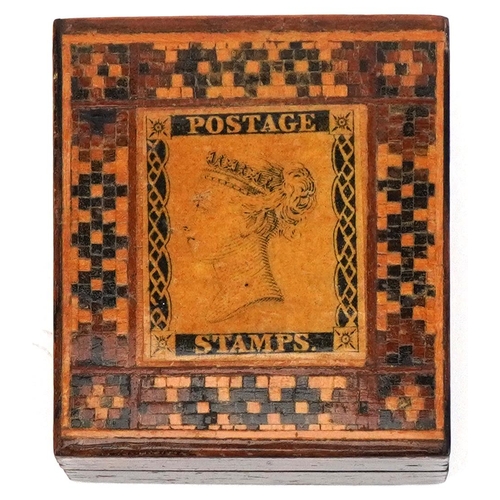 176 - Victorian Tunbridge Ware inlaid rosewood stamp box, 2cm H x 3.5cm W x 4cm D