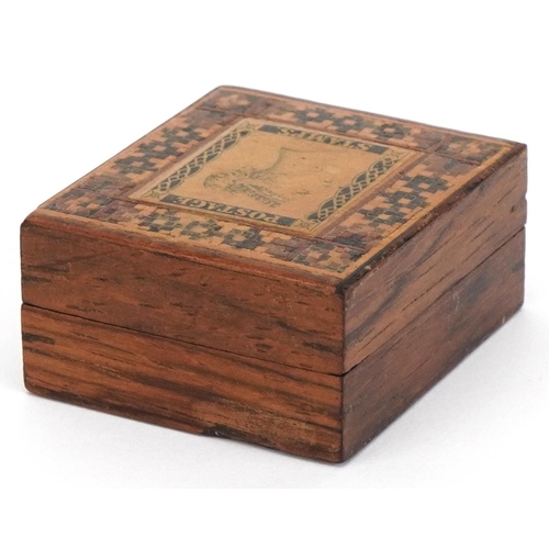 176 - Victorian Tunbridge Ware inlaid rosewood stamp box, 2cm H x 3.5cm W x 4cm D