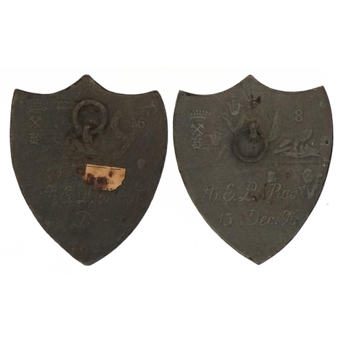 483 - Two 19th century cast metal plaques including Emmanuel College, Cambridge engraved to the reverse A ... 