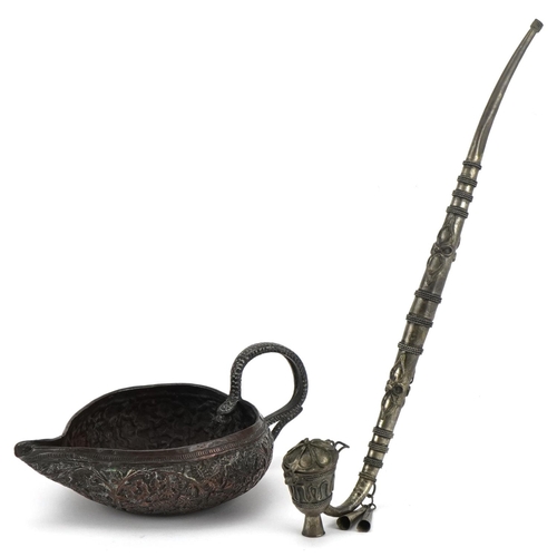 495 - Good quality Indian bronze copper sauceboat with serpent handle and a white metal opium pipe, the la... 