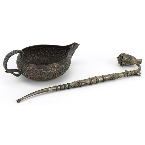 495 - Good quality Indian bronze copper sauceboat with serpent handle and a white metal opium pipe, the la... 