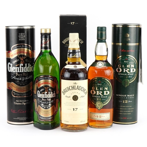 218 - Three one litre bottles of whisky with boxes comprising Glen Ord aged 12 years, Bruichladdich aged 1... 