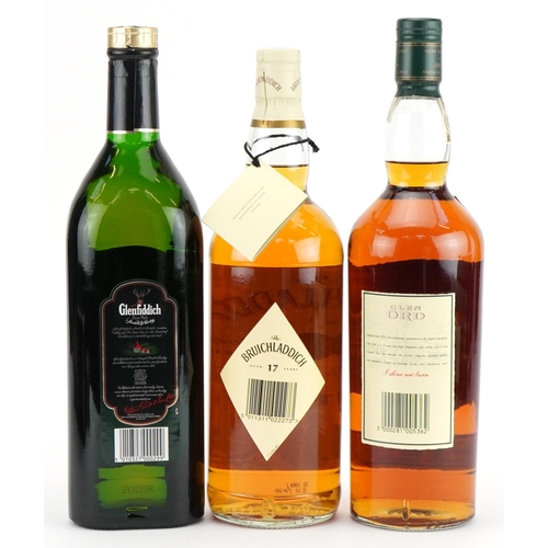 218 - Three one litre bottles of whisky with boxes comprising Glen Ord aged 12 years, Bruichladdich aged 1... 