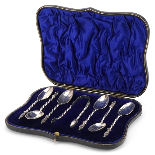 243 - William Hutton & Sons Ltd, set of six Edwardian silver apostle teaspoons and sugar tongs housed in a... 