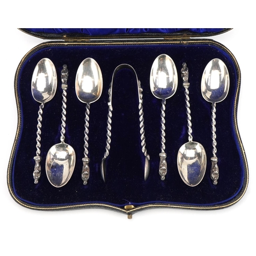 243 - William Hutton & Sons Ltd, set of six Edwardian silver apostle teaspoons and sugar tongs housed in a... 