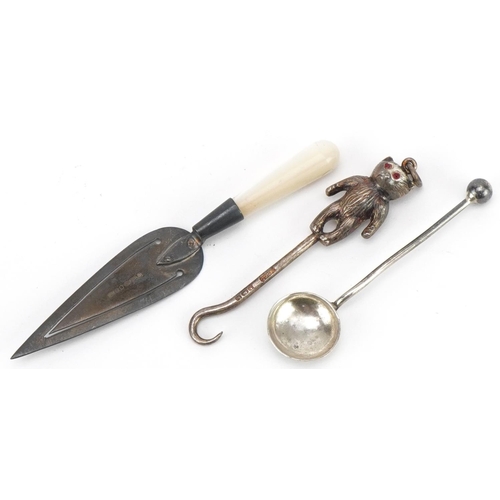 436 - Silver objects comprising buttonhook with teddy bear terminal, bookmark with mother of pearl handle ... 