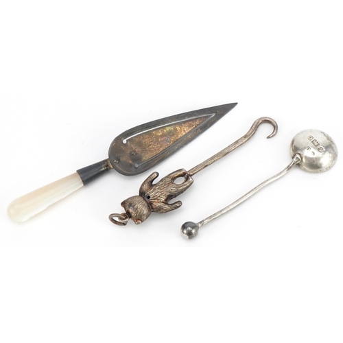 436 - Silver objects comprising buttonhook with teddy bear terminal, bookmark with mother of pearl handle ... 