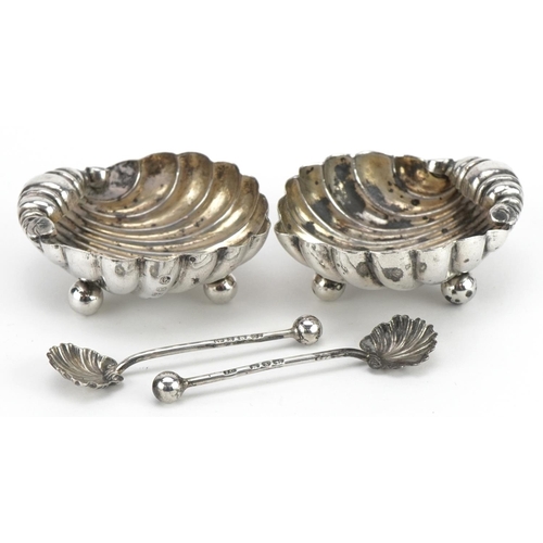 391 - William Henry Lever, pair of Victorian silver shell shaped open salts with spoons, Birmingham 1894, ... 