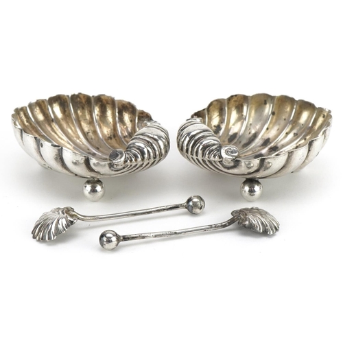 391 - William Henry Lever, pair of Victorian silver shell shaped open salts with spoons, Birmingham 1894, ... 