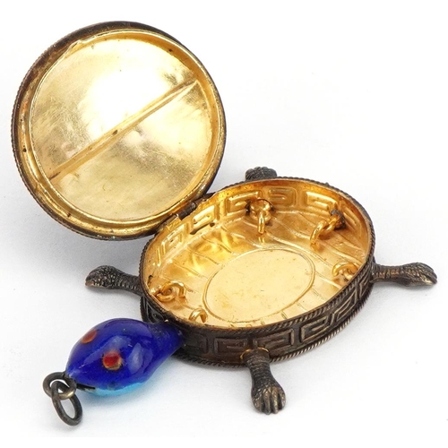 359 - Chinese silver gilt and enamel pill box pendant in the form of a tortoise with articulated limbs, 5c... 