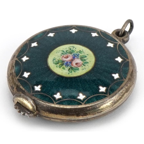 165 - Continental silver and guilloche enamel chatelaine mirror hand painted with flowers, import marks to... 