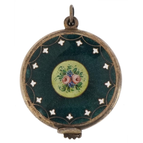 165 - Continental silver and guilloche enamel chatelaine mirror hand painted with flowers, import marks to... 