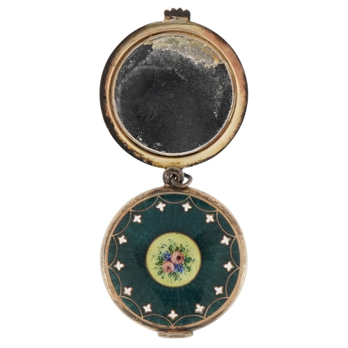 165 - Continental silver and guilloche enamel chatelaine mirror hand painted with flowers, import marks to... 