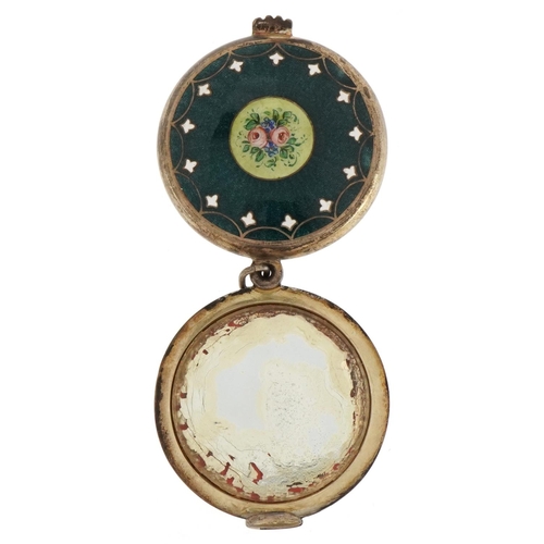 165 - Continental silver and guilloche enamel chatelaine mirror hand painted with flowers, import marks to... 