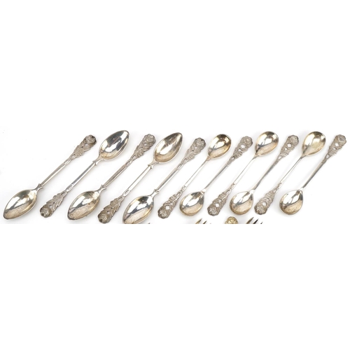 356 - Eighteen 800 grade silver forks and spoons with naturalistic terminals, 12.5cm in length, 290.0g