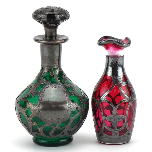 1631 - Silver overlaid ruby glass vase and a silver overlaid green glass scent bottle, the largest 11cm hig... 