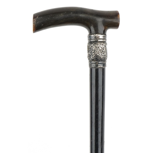 1374 - Ebonised walking stick with horn handle and embossed silver collar, 89cm in length