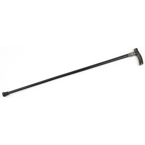 1374 - Ebonised walking stick with horn handle and embossed silver collar, 89cm in length