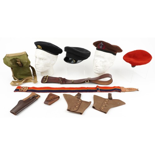 685 - Militaria including three berets, one with Westminster Dragoons cap badge and peaked cap