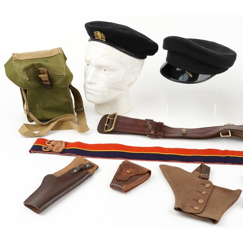 685 - Militaria including three berets, one with Westminster Dragoons cap badge and peaked cap