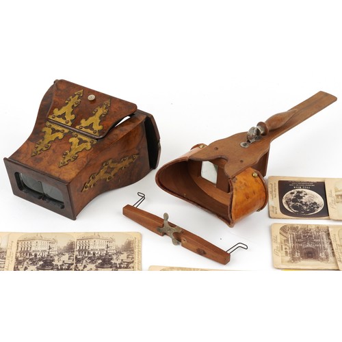 912 - Good Victorian Gothic style burr walnut stereo card viewer with brass mounts, The Perfecscope and a ... 