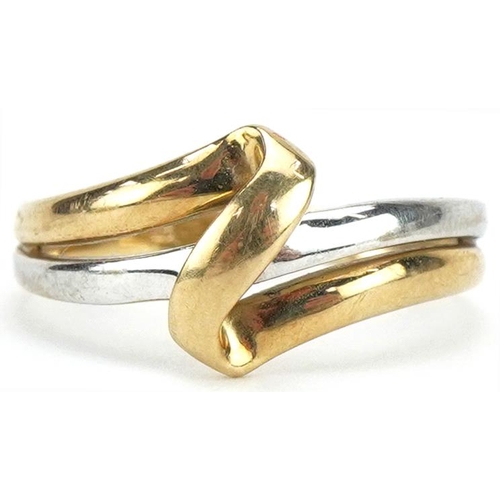 2159 - Two tone 9ct gold crossover ring, size J, 1.4g