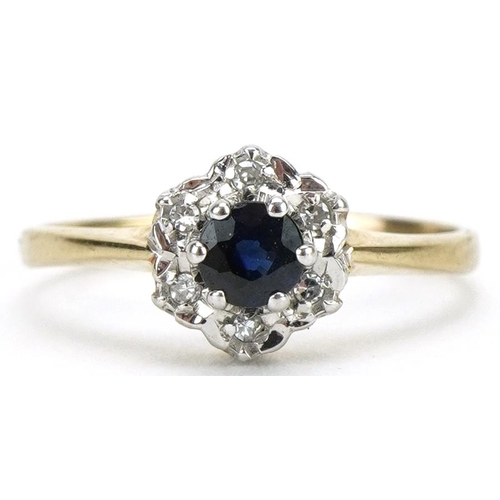 2176 - 9ct gold sapphire and diamond flower head ring, size H, 1.2g