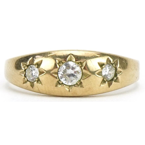 2127 - 9ct gold clear stone three stone Gypsy ring, size R, 2.5g