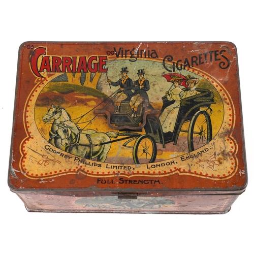 1794 - Virginia Cigarettes carriage advertising tin, 12cm H x 24cm W x 17cm D