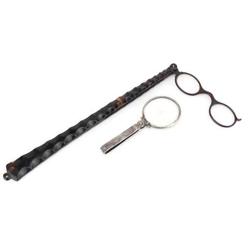 292 - Pair of Victorian tortoiseshell folding spectacles and a silver folding magnifying glass, the larges... 