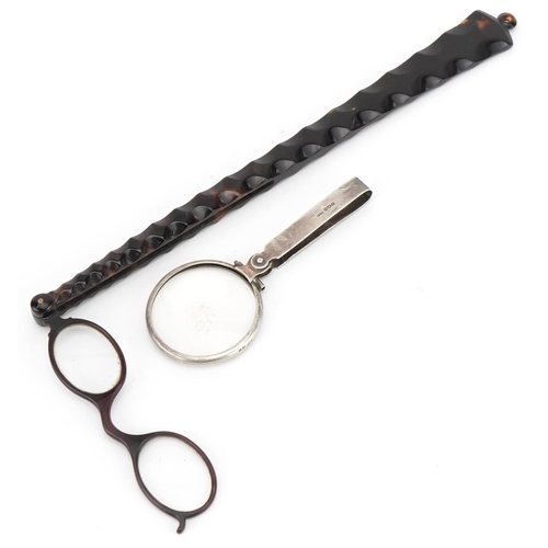 292 - Pair of Victorian tortoiseshell folding spectacles and a silver folding magnifying glass, the larges... 