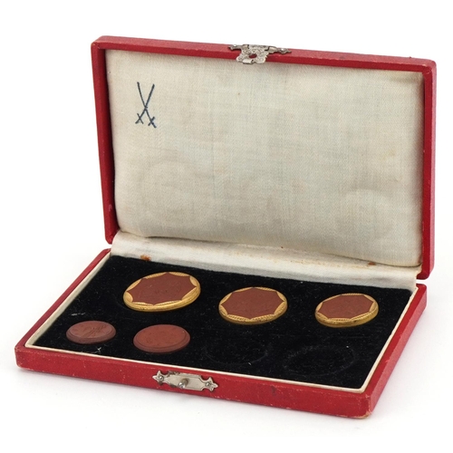 1380 - Meissen, five German 1921 Sachsen (Saxony) porcelain coins housed in a silk and velvet lined fitted ... 