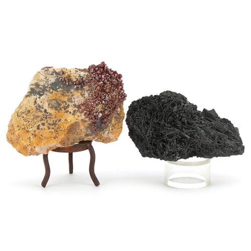 252 - Two geology interest natural history specimens on stands comprising black tourmaline and vanadinite,... 