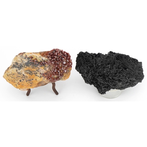 252 - Two geology interest natural history specimens on stands comprising black tourmaline and vanadinite,... 