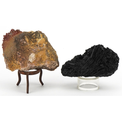 252 - Two geology interest natural history specimens on stands comprising black tourmaline and vanadinite,... 